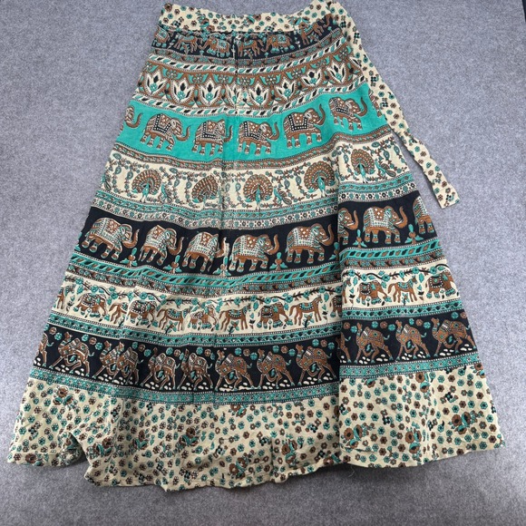 Dresses & Skirts - Boho Elephant Block Print Wrap Maxi Skirt Turquoise Brown Floral Tiered Skirt